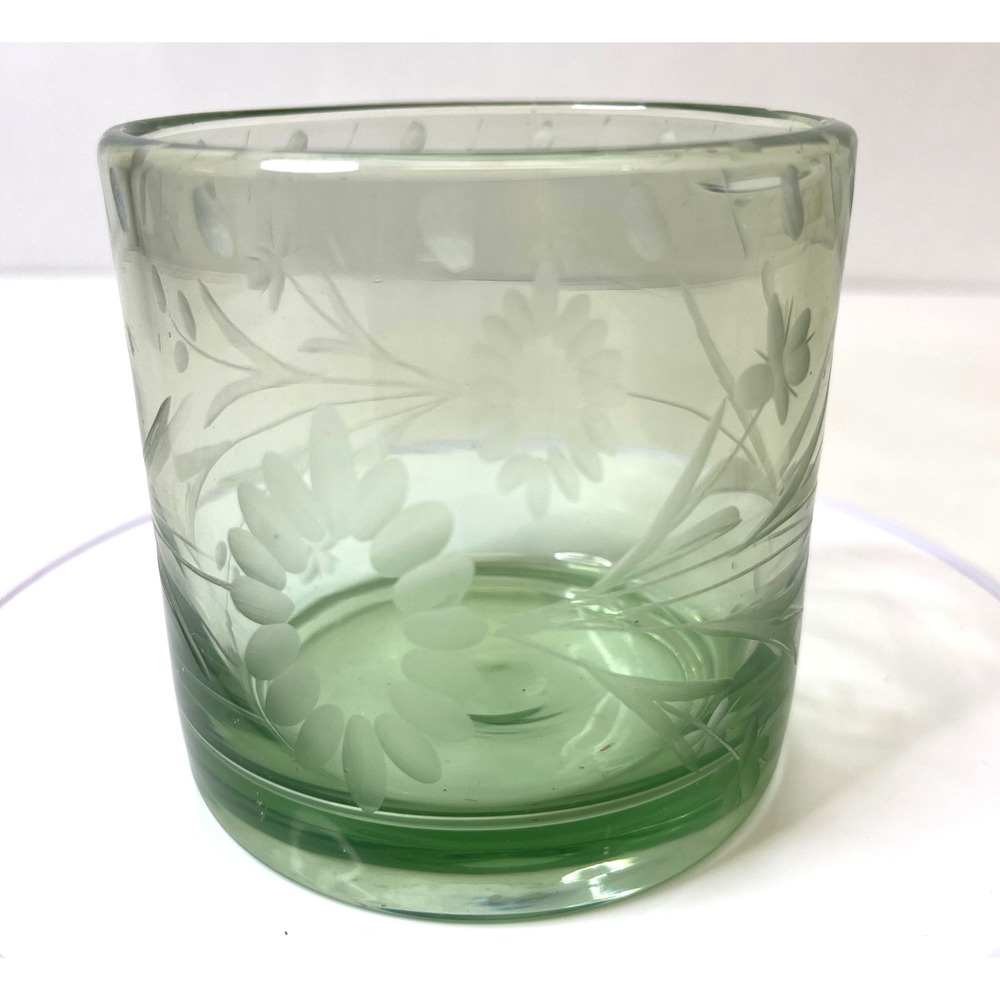 Bobby Flay Hand-Blown Etched Green Double Old-Fashioned Glass – 3 5/8″ Tumbler B